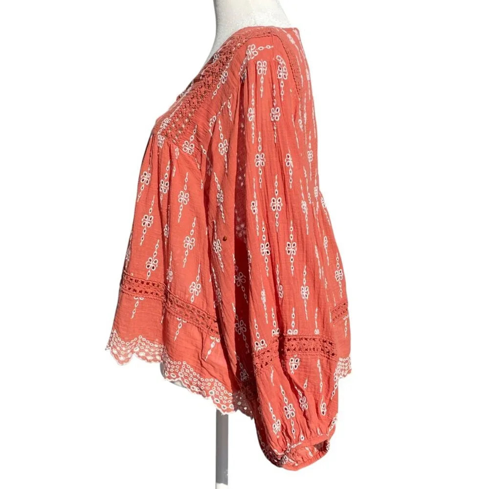 American Eagle Rust Embroidered Babydoll Peasant Blouse Balloon Sleeve M - Picture 3 of 12